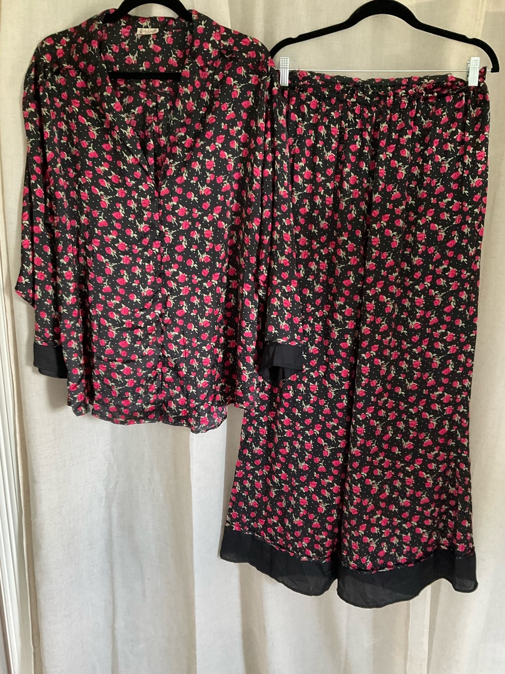Free People Floral Pajama Set Black Red Roses Button Front Top Wide Leg Pants M